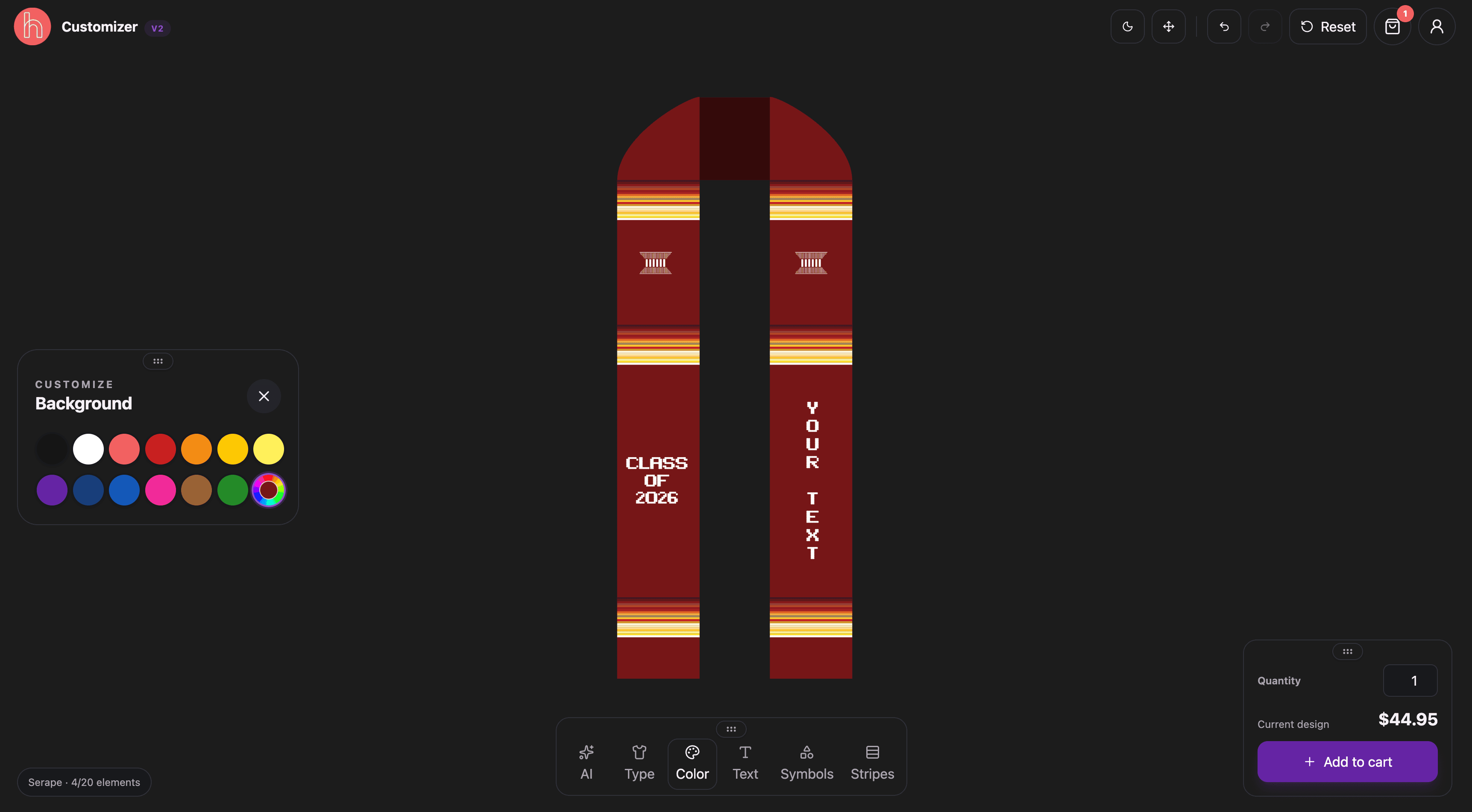 House of Stole customizer showing a red woven graduation stole and its editing controls